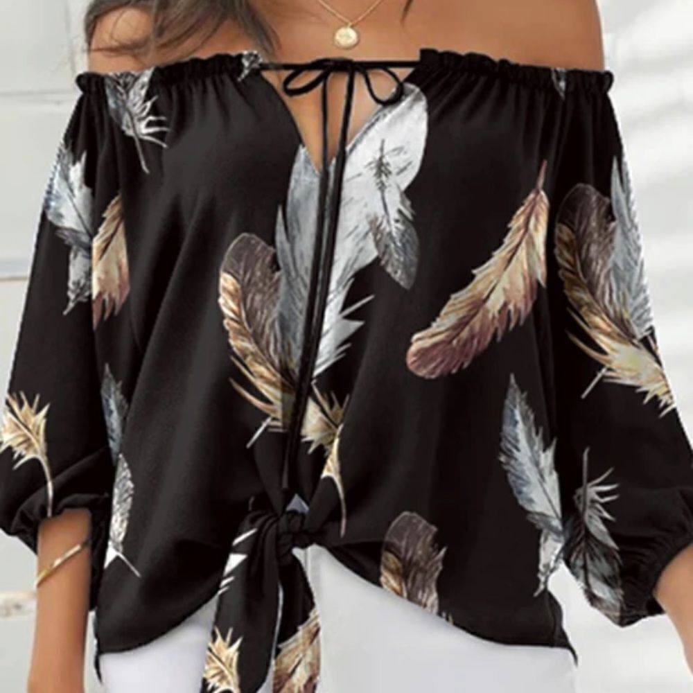 CLEARANCE ☀️ Black Off Shoulder Feather Print Tie Detail Top S - Picture 7 of 9